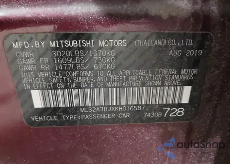 2019 Mitsubishi Mirage Es from USA, damaged, VIN ML32A3HJXKH016587